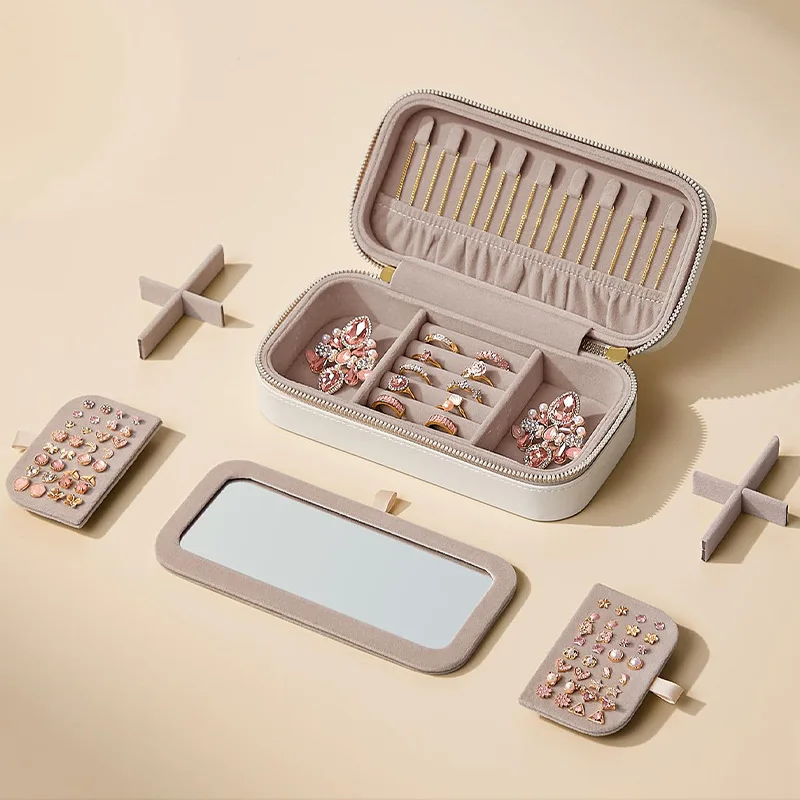 Large Capacity Jewelry Box With Mirror Travel Portable Earrings Ring Necklace Pendant Storage Box Striped Jewelry Display Case