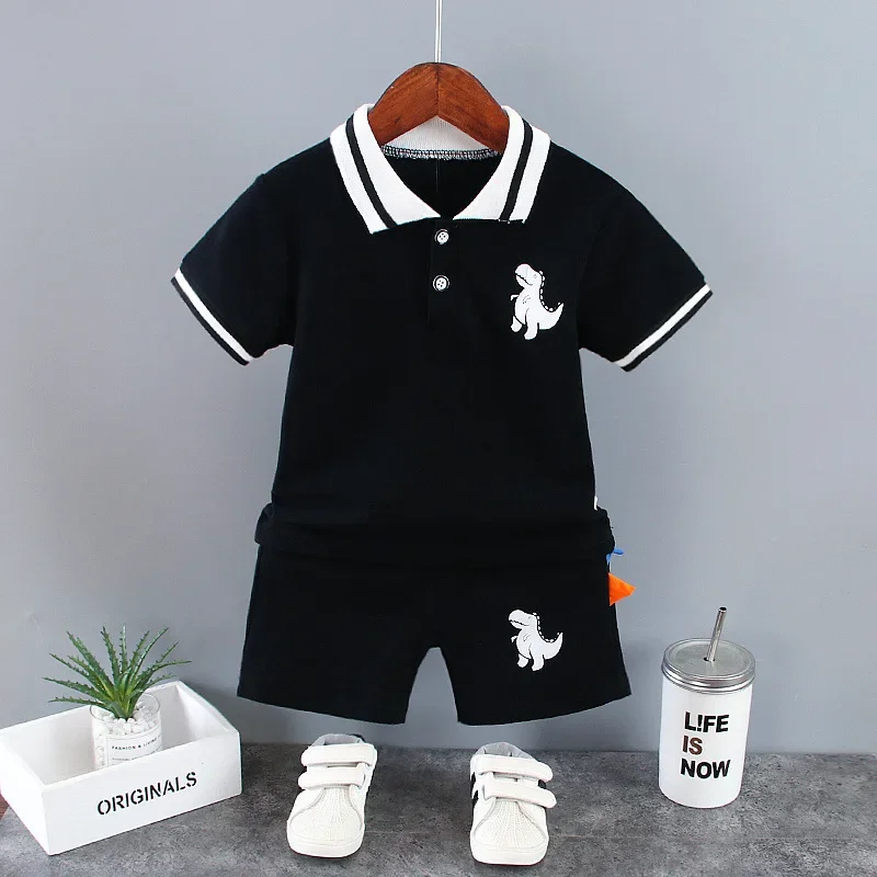 Summer Outfits for Baby Boys 9 to 12 Months Dinosaur Printed Turn-down Collar T-shirts Tops and Shorts 2PCS Infant Clothing Sets