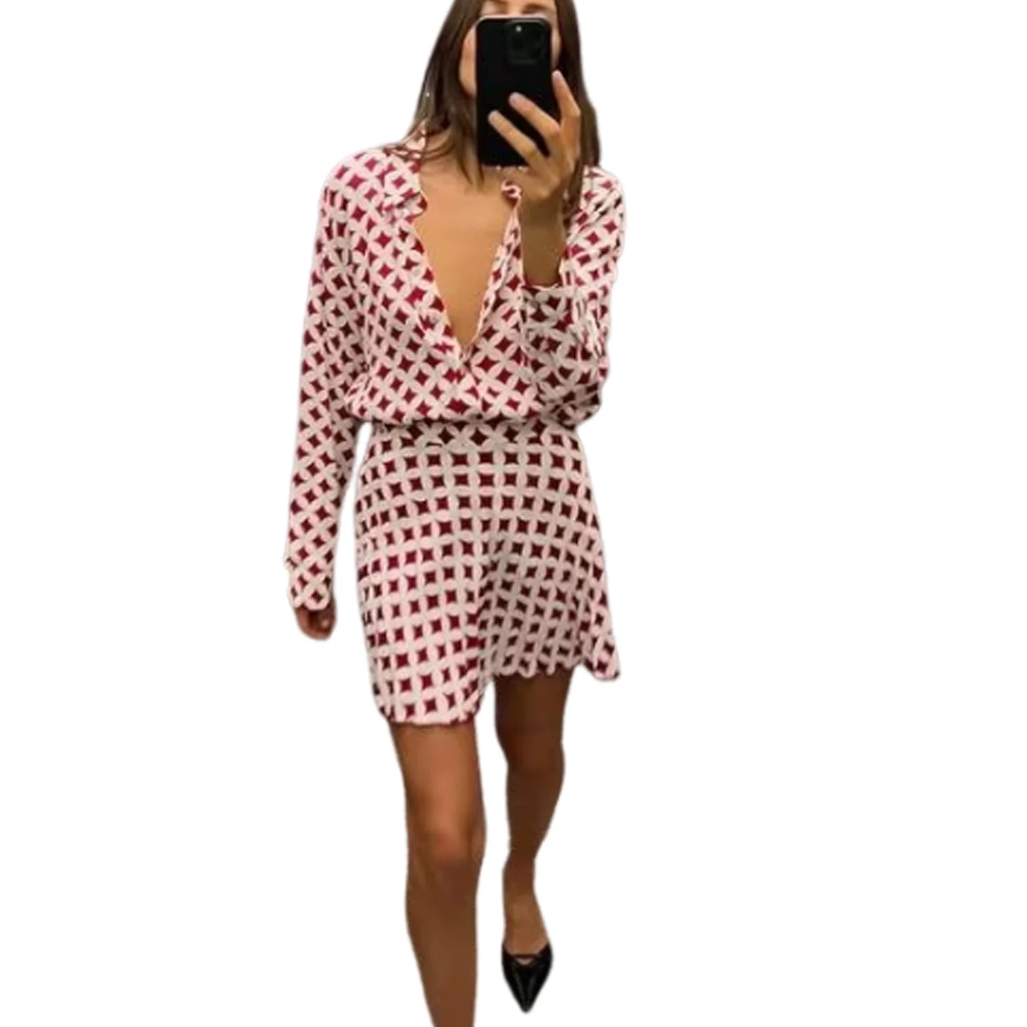 Women\'s new printed elastic shirt single breasted long sleeved top casual versatile mini skirt