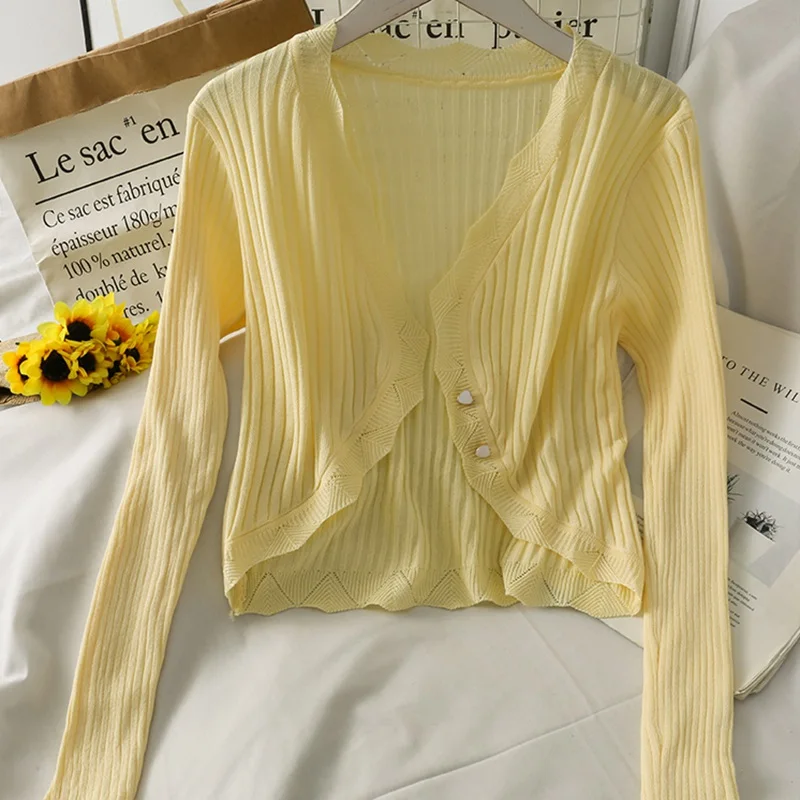 Summer Sunscreen Cardigan Women Thin Knitted Long-Sleeve Top Female Breathable Irregular Slim Fit Air Conditioner Clothing