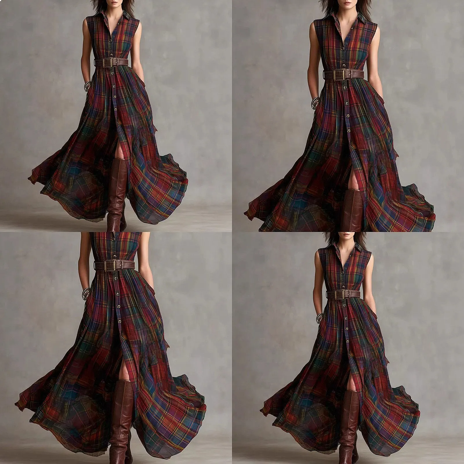 

Women's Western Boho Plaid Pocket Dress Jumpsuit Playsuit Spring Summer