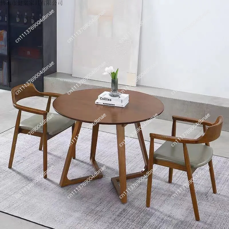 Solid Wood Round Dining Table Simple Casual Negotiation Table Cafe Reception Small Round Table Walnut