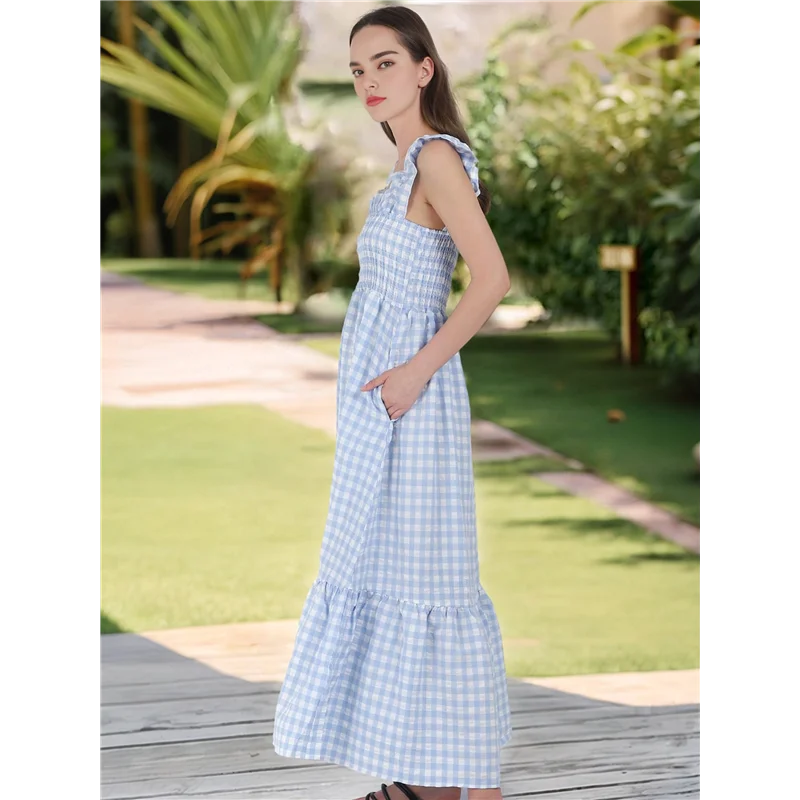 FX-Abito lungo da donna con volant scozzese retrò e cinturino per spaghetti