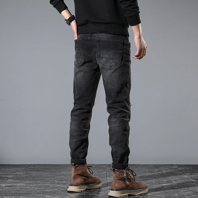 

JXNS95 High-end light luxury hole patched black jeans men's high-street American black grey Slim plump handsome scrape
