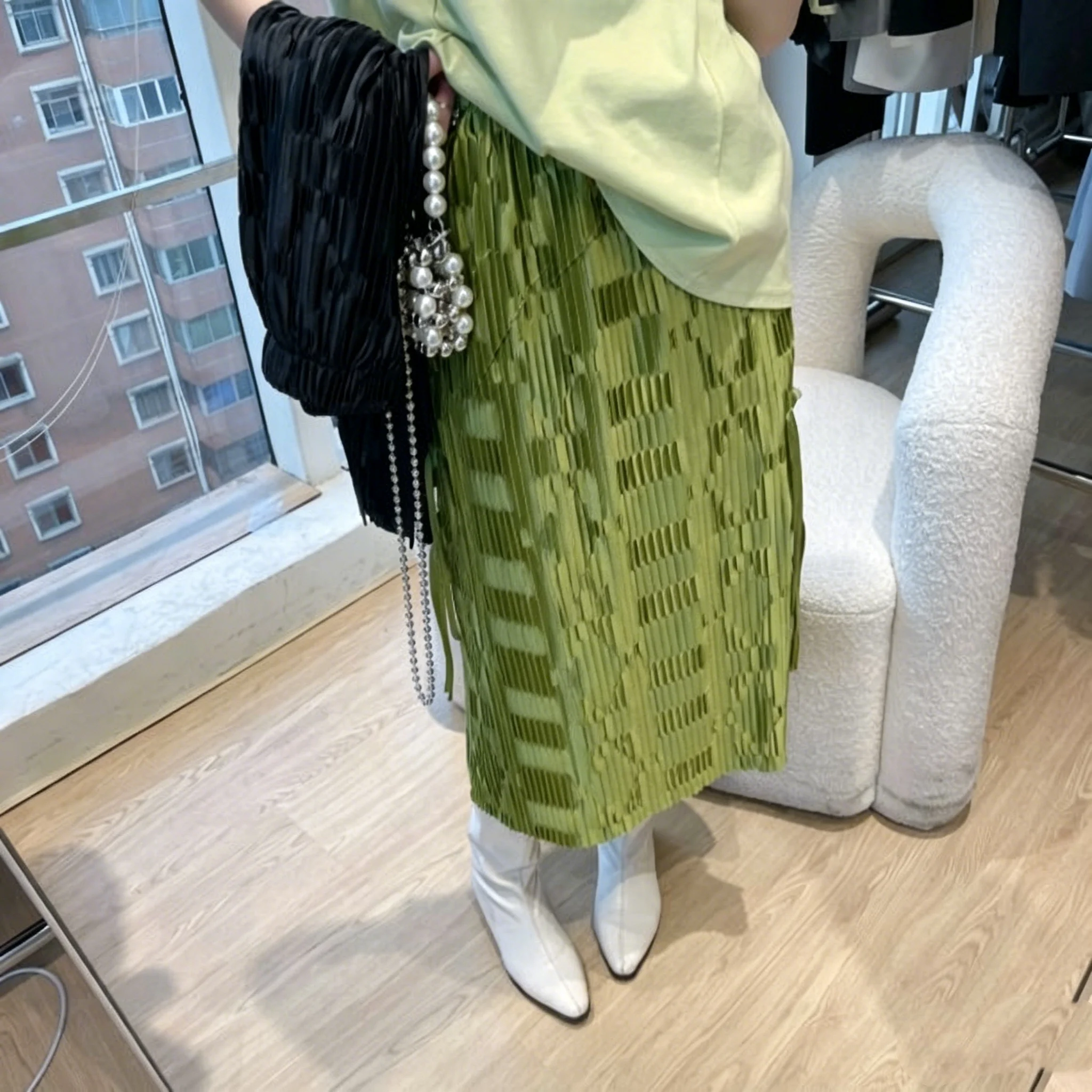 Women's Green Pleated Maxi Skirt Chinese Style Frog Button High Waist Casual Skirt