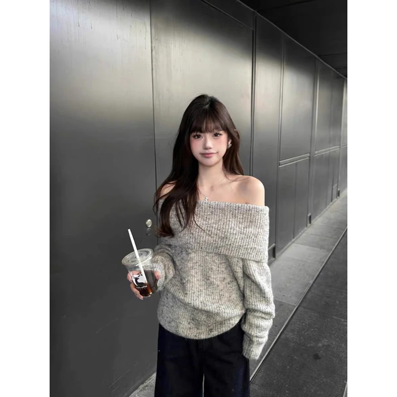 

YIBASHU Elegant Off Shoulder Slash Neck Sweaters Women Korean Streetwear Thicken Knitted Jumpers Casual Loose Slimming Pullovers