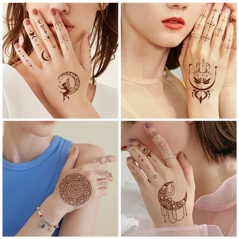 10pcs Small Size Henna Tattoo Stickers For Women, Moon, Sheep, Flower Pattern Fake Temporary Tattoo Waterproof For Body Art