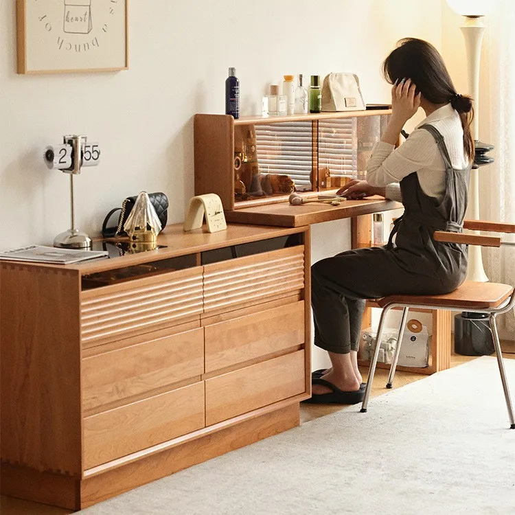 خزانة طاولة مكياج من الخشب الصلب الاسكندنافي مدمجة، خزانة جانبية للسرير من خشب الكرز قابلة للسحب #3