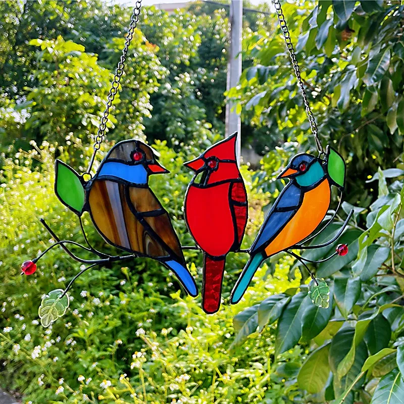 Handmade Colorful Stained Glass Bird Ornament Garden Window Hanging Decor Sun Catcher Art Glass Gift for Home Christmas Holiday