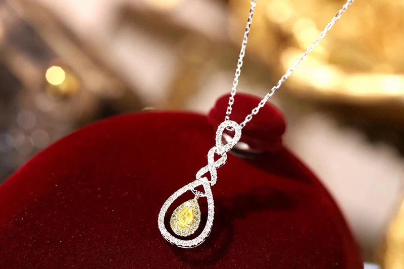 KUGG 100% 18K White Gold Necklace Women Real Natural Yellow Diamond Pendant Necklace Elegant Water Drop Design Birthday Gift