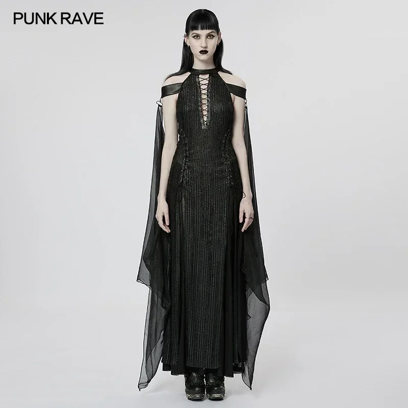 PUNK RAVE Women\'s Elf Gothic Textured Mesh and Chiffon Dress Detachable Cloak Fairy Queen Goddess Sexy Long Dresses