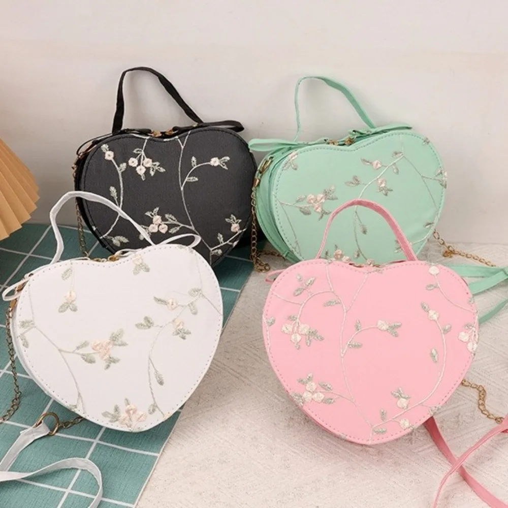 

Sweet Flower Heart Handbag Embroidery PU Leather Women Crossbody Bag Coin Purse Messenger Bag Chain Shoulder Bag Ladies
