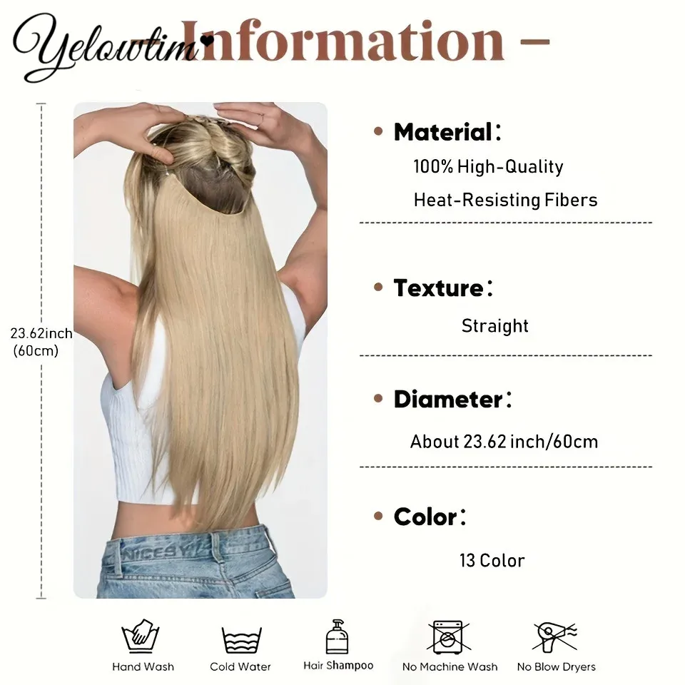 YELOWTIM No Clips Natural Hair Extension Synthatic Artificial Long Straight Hairpiece Blonde Black Mixed Color False Hair Piece