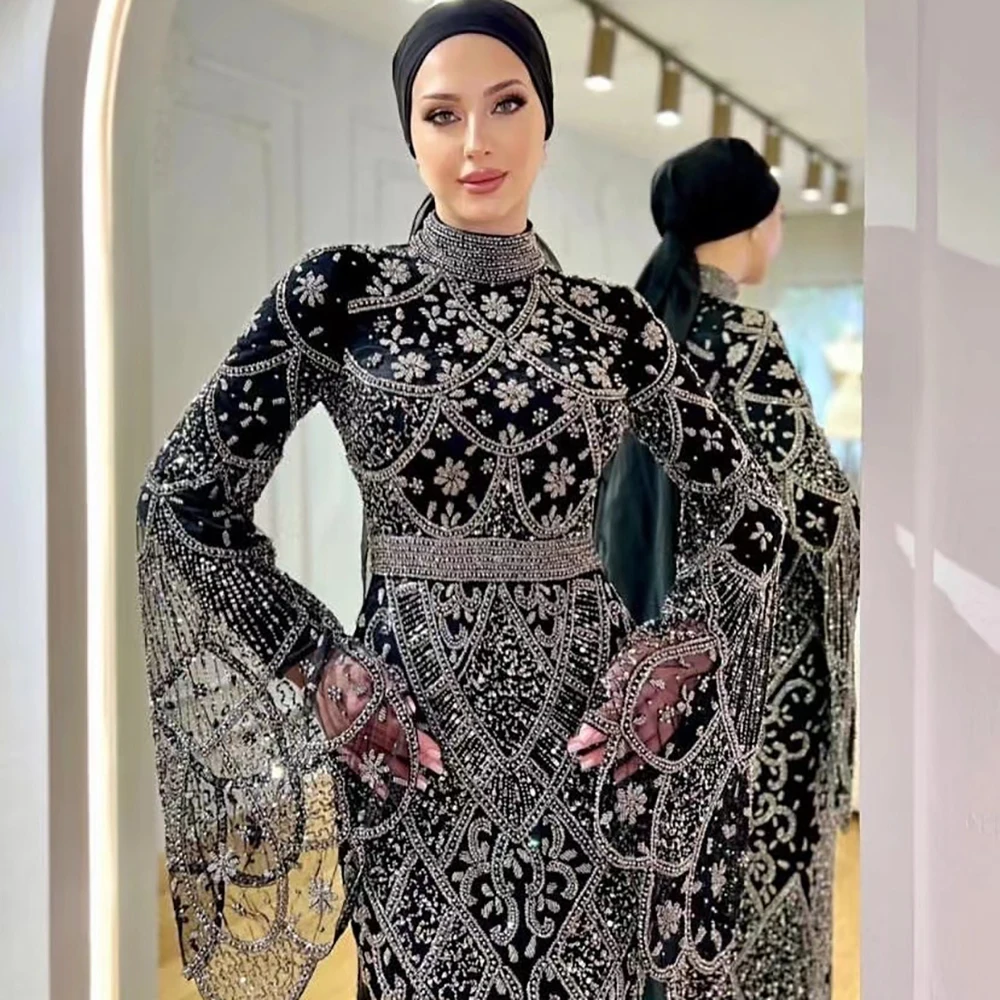 Elegant Beaded Dubai Muslim Evening Dress with Flare Long Sleeves 2024 High Neck Arabic Formal Prom Wedding Party Gown Customizd