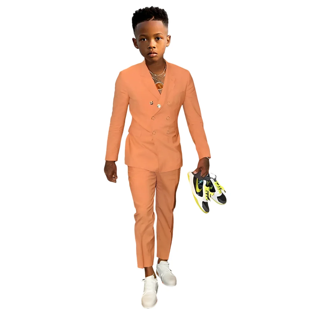 

Fashion Boys Suit Jacket Pants 2 Piece Set Slim Fit Design Wedding Tuxedo Kids Orange Classic Double Breasted Blazer