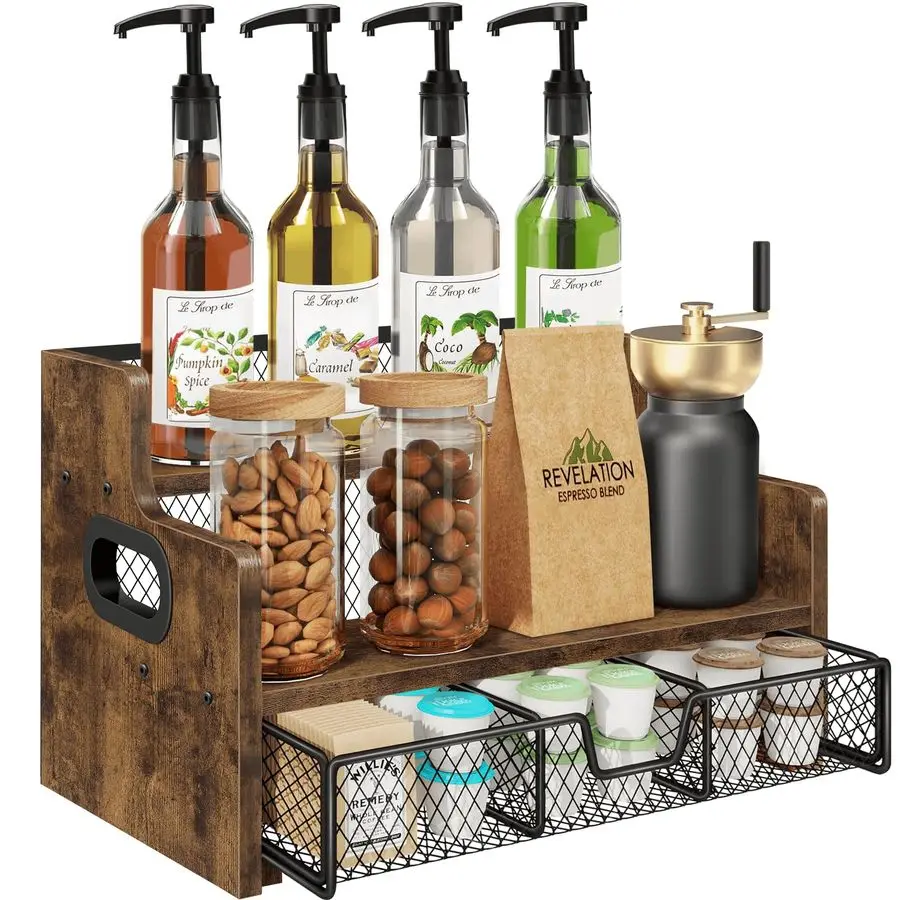 

Coffee Syrup Rack Organizer, 3Tier 8 Bottles Syrup Holder Stand with 35 K Cup Storage Basket Drawer for Coffee Bar, Wood Liquor