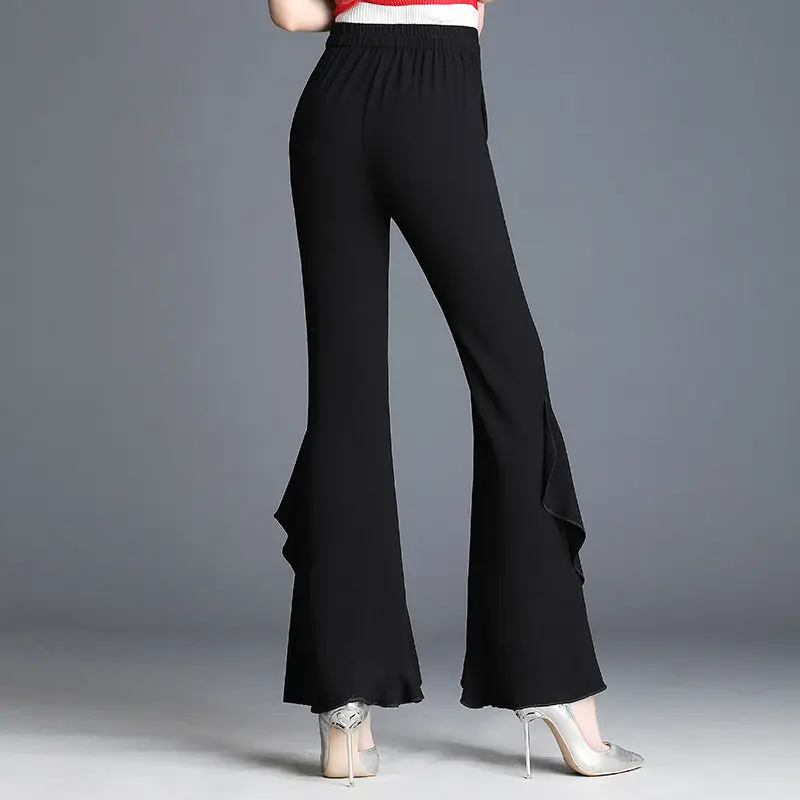 Pantalones finos de gasa para mujer, pantalón holgado de cintura alta con bolsillos y empalme elástico, color negro, 2022