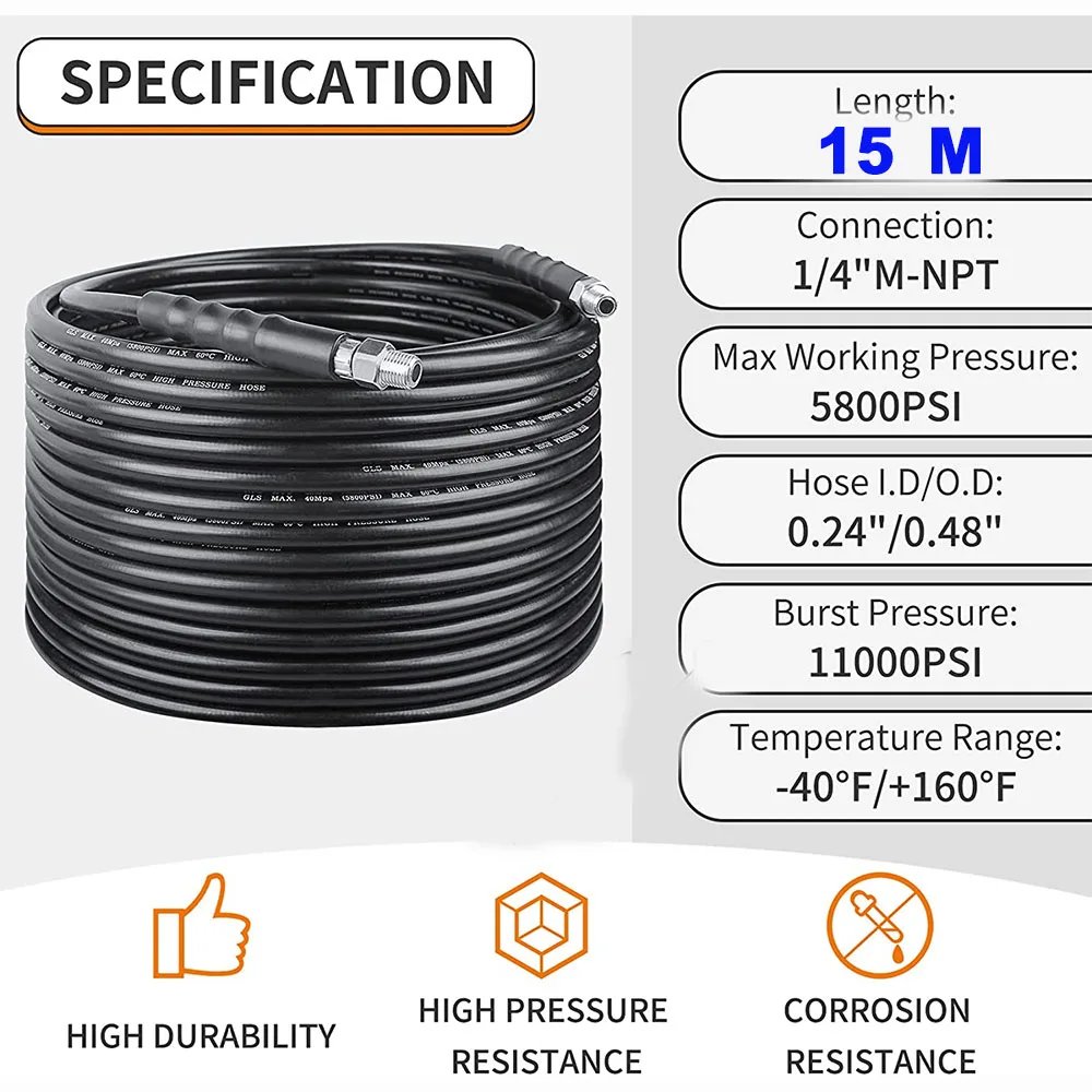 15M high pressure cleaning hose, sewer drain pipe cleaning hose cleaner, suitable for Karcher high pressure water gun