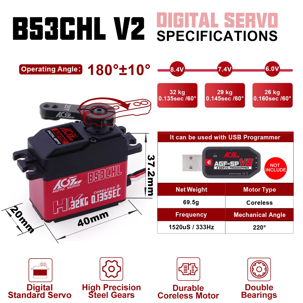 Agfrc b53bhl v2 b53chl v2 31kg 32kg magnetisches wasserdichtes kernloses Drehmoment schnelles programmier bares bürstenloses Standard-RC-Servo – Detail 4