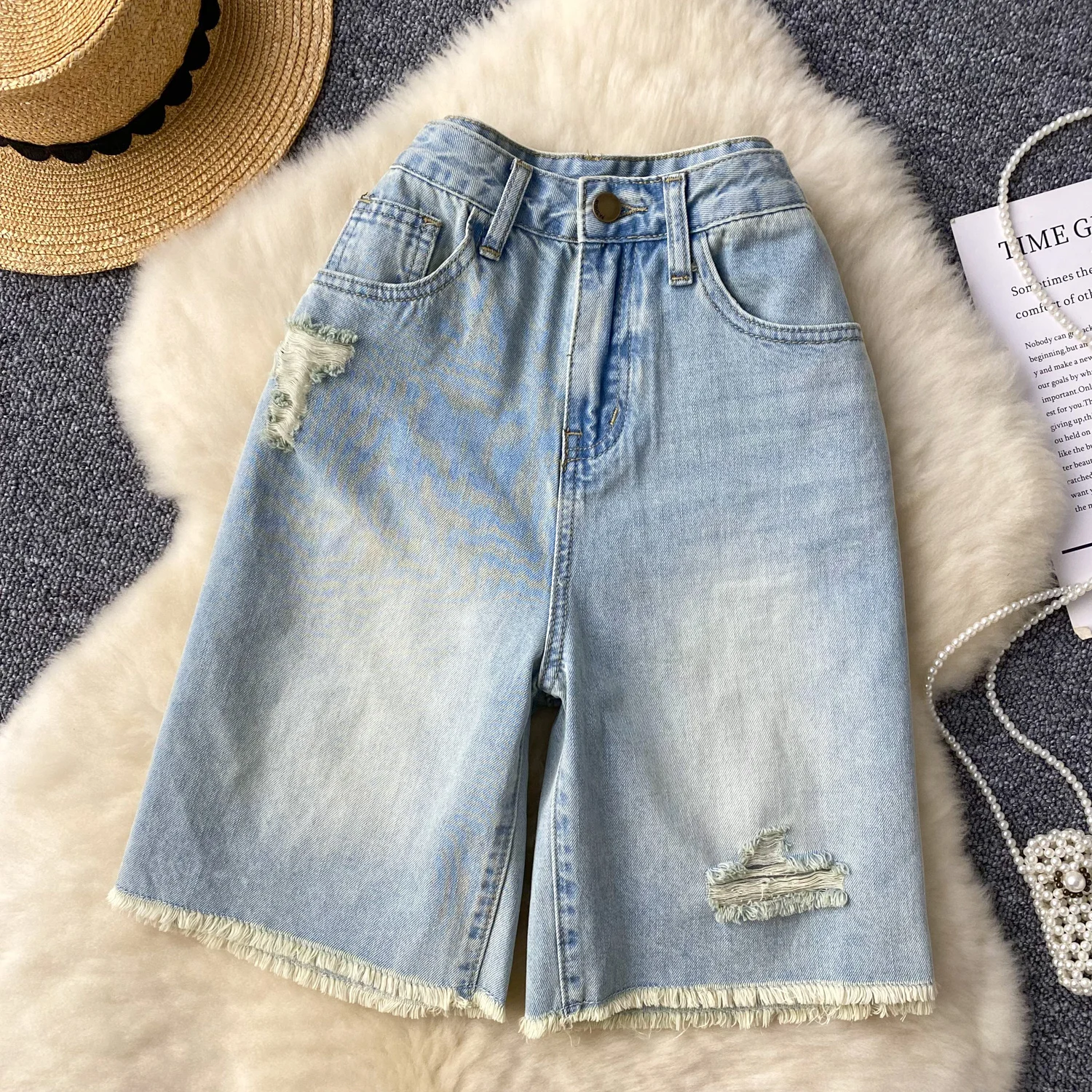 Summer Vintage Distressed High Waisted Jeans Pants Slim Casual Straight Wide Leg Shorts For Capris Women