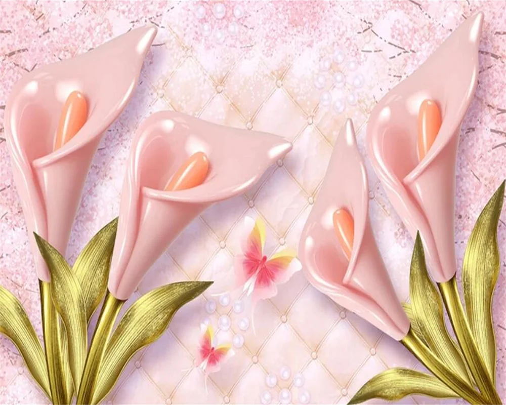 Customized Photo Wallpaper Pink Calla Embossed Fashion Jewelry Flowers Luxury Living Room TV Background Wall Home Decor Mural