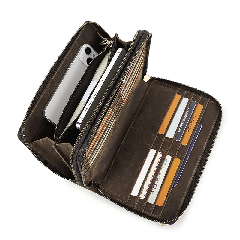 CONTACT'S-Pochette en cuir véritable pour homme, sac à main long RFID, poche pour téléphone, porte-monnaie, porte-cartes, grande capacité