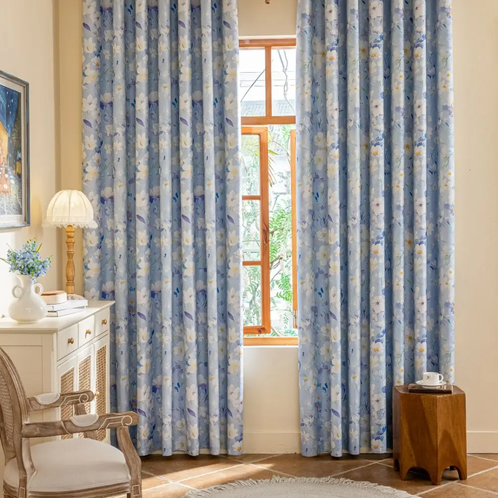 الريف الفرنسي نمط الأزرق الأزهار الستائر لغرفة النوم غرفة المعيشة 1 قطعة 100% ستائر التعتيم الطازجة الدافئة ديكور المنزل #3