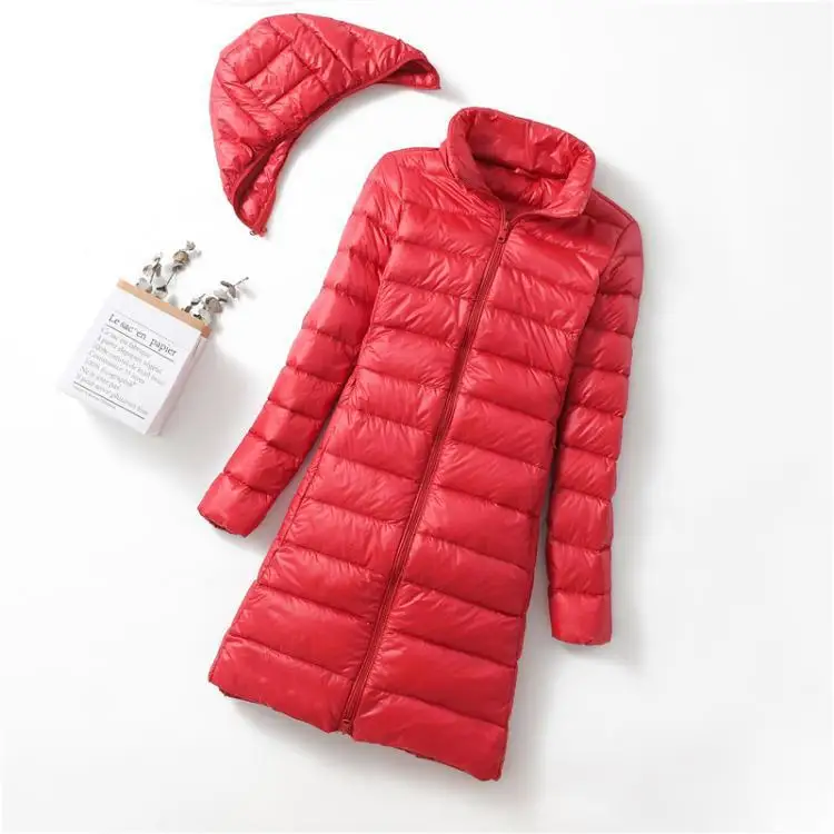 Korean Style Slim Lightweight Down Jacket Women Long Length Detachable Hood White Duck Down Coat  зимнее пальто женское JK-248