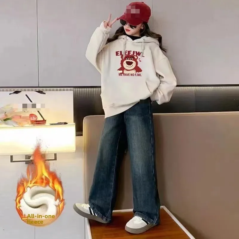 

Комплект с капюшоном на флисовой подкладке для девочек, зимний утепленный пуловер и джинсы, повседневная одежда из двух предметов, Новое поступление