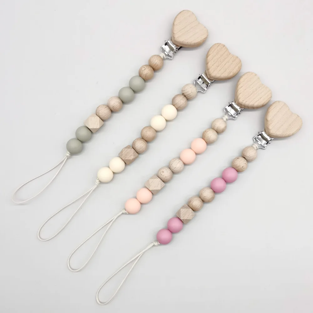 Food Grade Heart Wooden Silicone Pacifier Clip Dummy Chain Holder for Baby, BPA Free Cute Pacifier Leash Strap Prevent Dropping