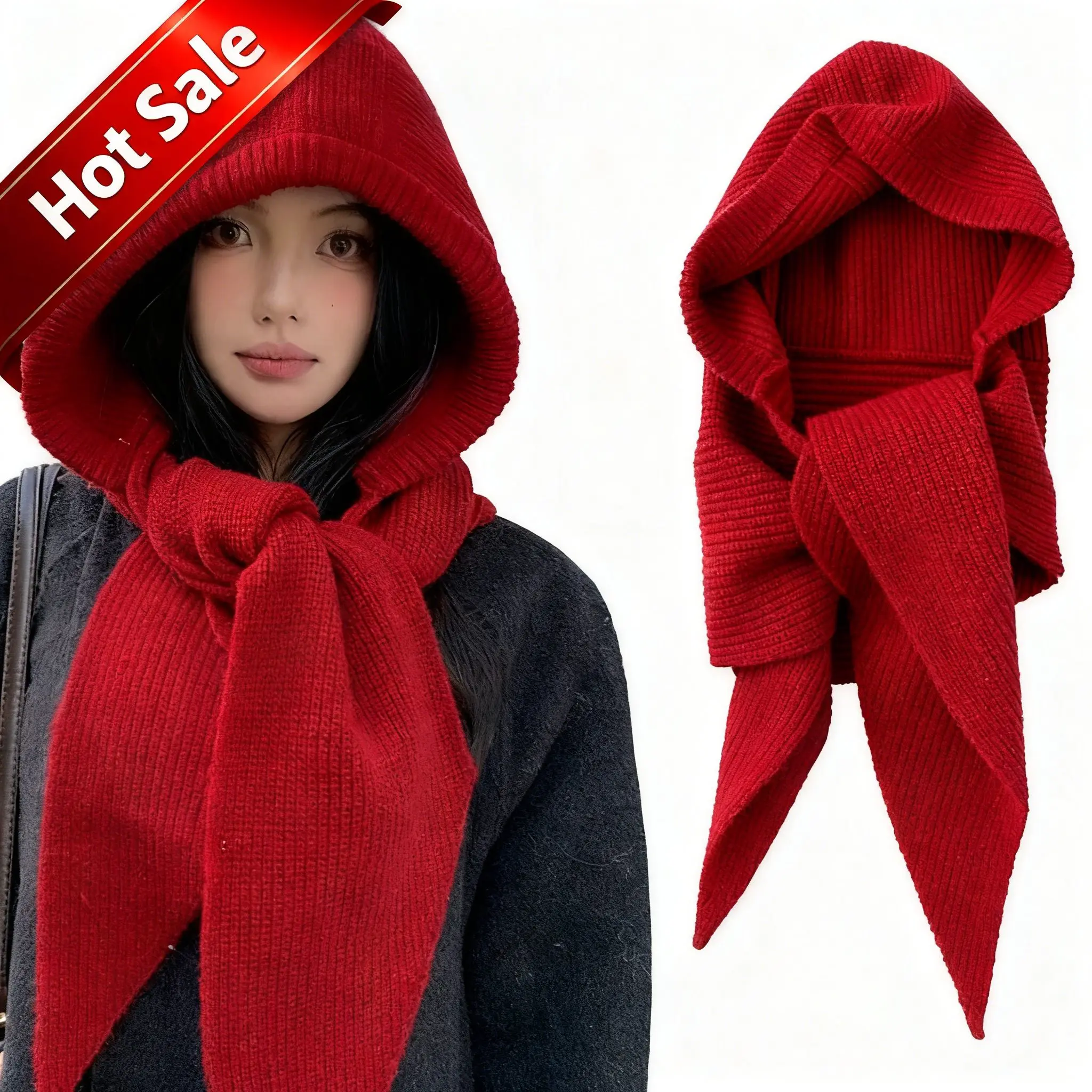 Autumn Winter Women Knitted Hooded Scarf Integrated Hat Scarf Warm Neck Wrap Fashion Accessory Daily Travel Christmas Party Gift
