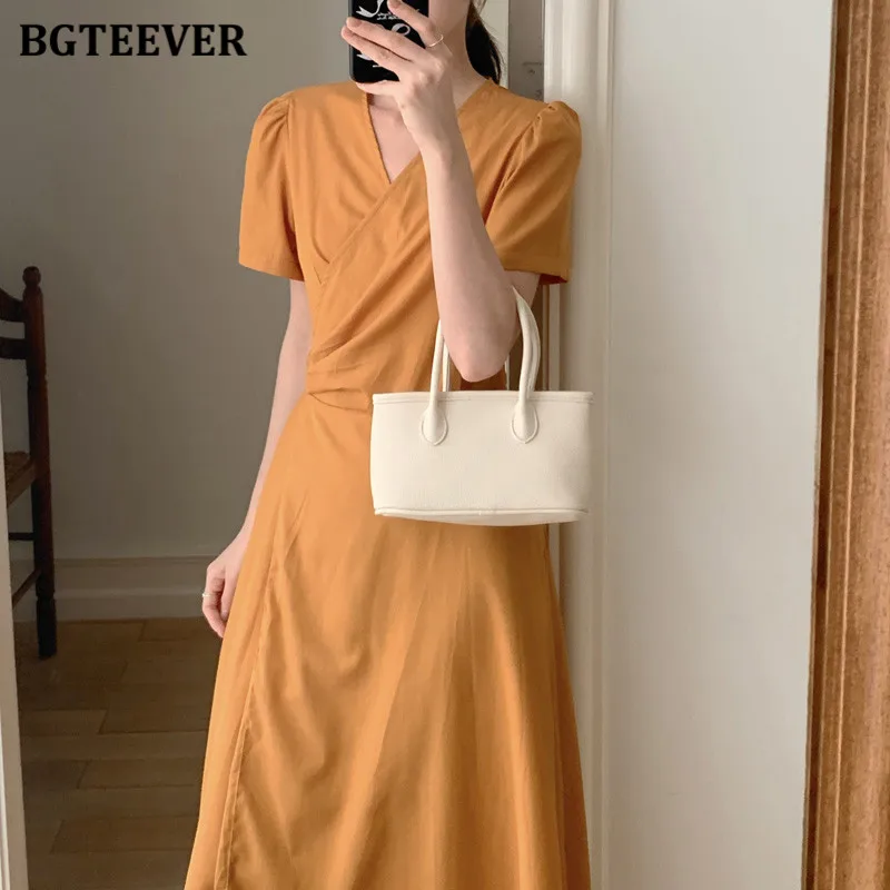 

BGTEEVER элегантное женское платье трапециевидной формы с v-образным вырезом и пышными рукавами, летнее женское платье трапециевидной формы на шнуровке с тонкой талией