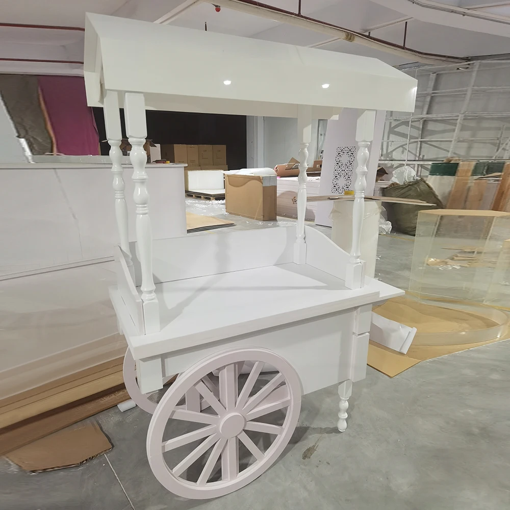 Beautiful Elegant White Candy Mobile Cotton Cart With Wheels For Party Decorations