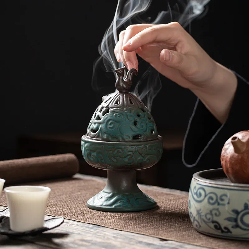 Hand-Glazed Boshan Tower Kiln Incense Altar Crackled Ceramic Zen Coil Burner Antique Sandalwood Ritual Piece Tea Meditation