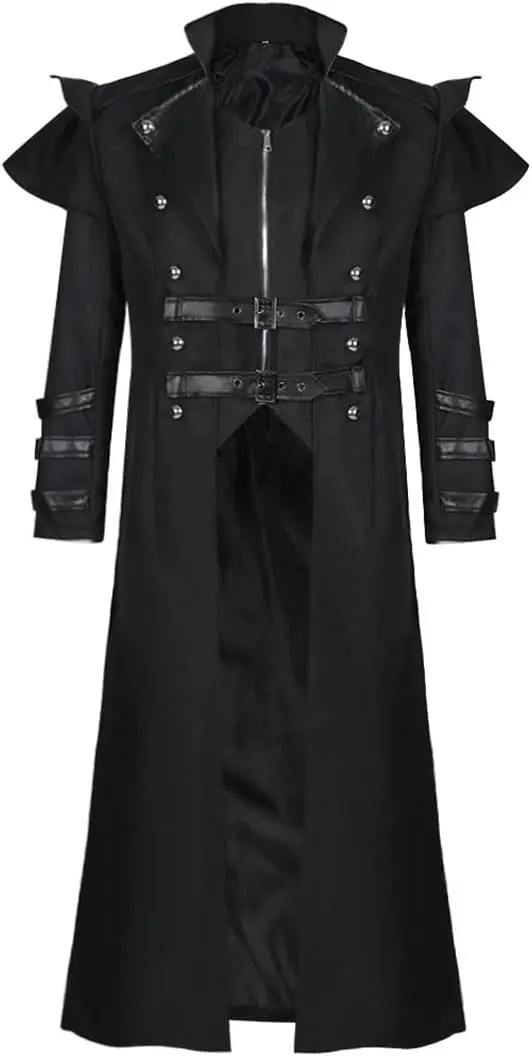 FMMOEK Medieval Costumes Steampunk Long Trench Coat Gothic Victorian Vintage Tailcoat Jacket Mens Double Breasted Zipper Coat