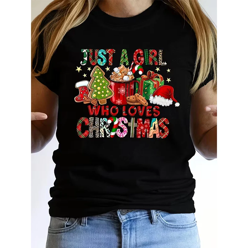 

Women's Christmas Graphic T-Shirt Casual Holiday Tees Tops with Gingerbread Candy Canes and Snowflakes Design Print 90s T Shirt