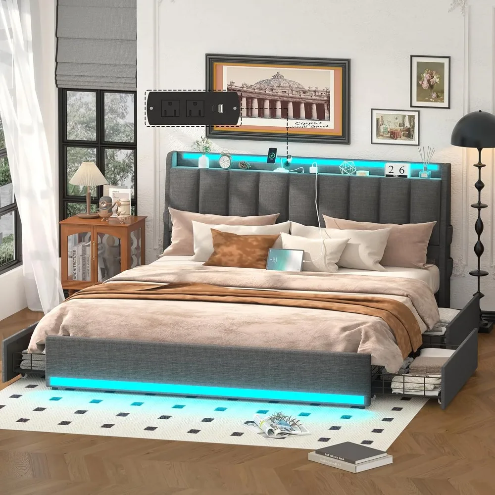 Queen Size Bed Frame with 4 Storage Drawers,Charging Station,Adjustable RGB LED Light,Upholstered Headboard with hidden storage