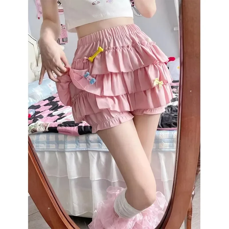 Y2k – Mini jupe à volants pour femmes, jupe trapèze avec nœud Kawaii Lolita, Harajuku japonais, taille haute, rose et blanc, robe de bal