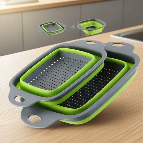 LMETJMA Square Collapsible Colander Silicone Kitchen Foldable Colander  Food Vegetable Fruit Strainers Drainer JT39