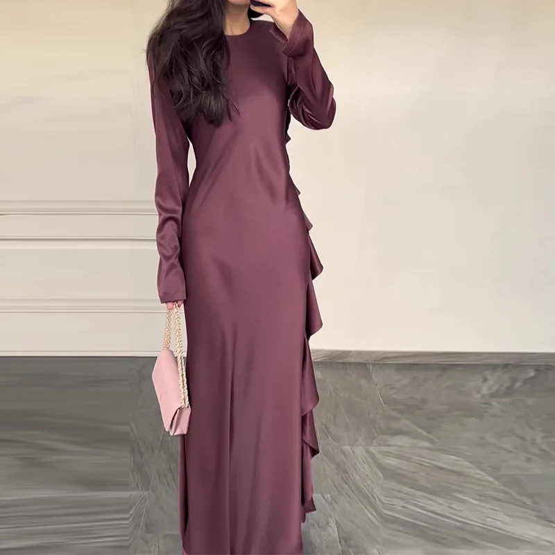 Womens Dresses New 2024 Temperament Commuting Round Neck Long Sleeved Ruffle Edge Sexy Elegant Party Evening Maxi Dress