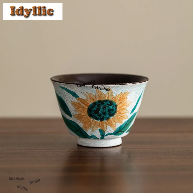 

2 шт./лот, ручная роспись, шестиугольная чайная чашка с подсолнечником, чайная чаша в стиле дзен, милая чашка, чашка для дегустации чая, чашка для запаха, чашка Chazhan Master, посуда для напитков, 35 мл