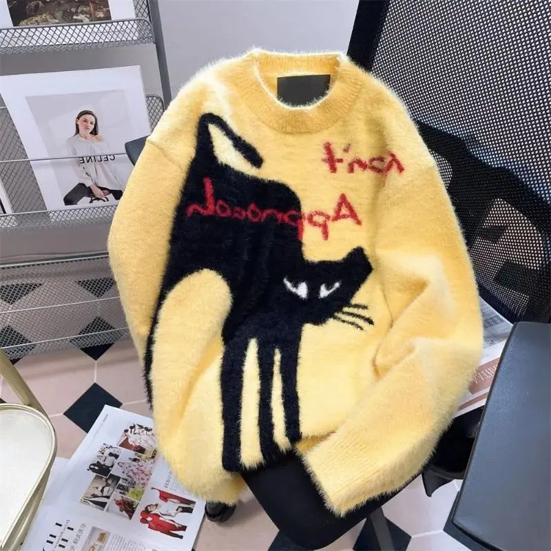 DAYIFUN Yellow Sweaters Women Autumn Mink Plush Cat Pattern Knit Pullovers Winter Long Sleeve Oversize O Neck Loose Lady Jumpers