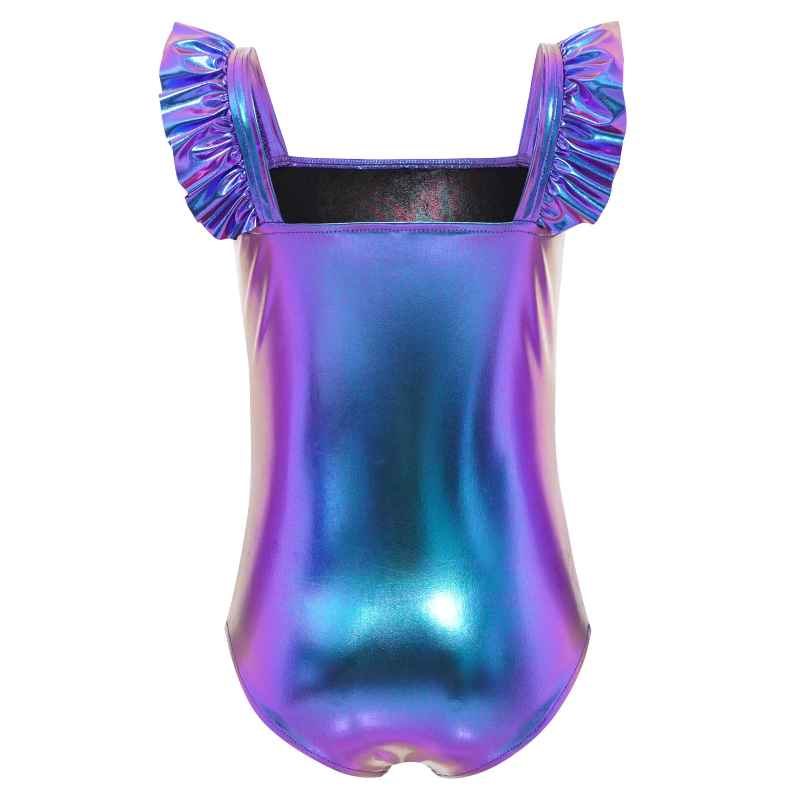 

Kids Girls Metallic Gymnastics Figure Skating Dance Performance Costume Ruffled Sleeveless Shiny Slim Fit Ballet Dance Leotard