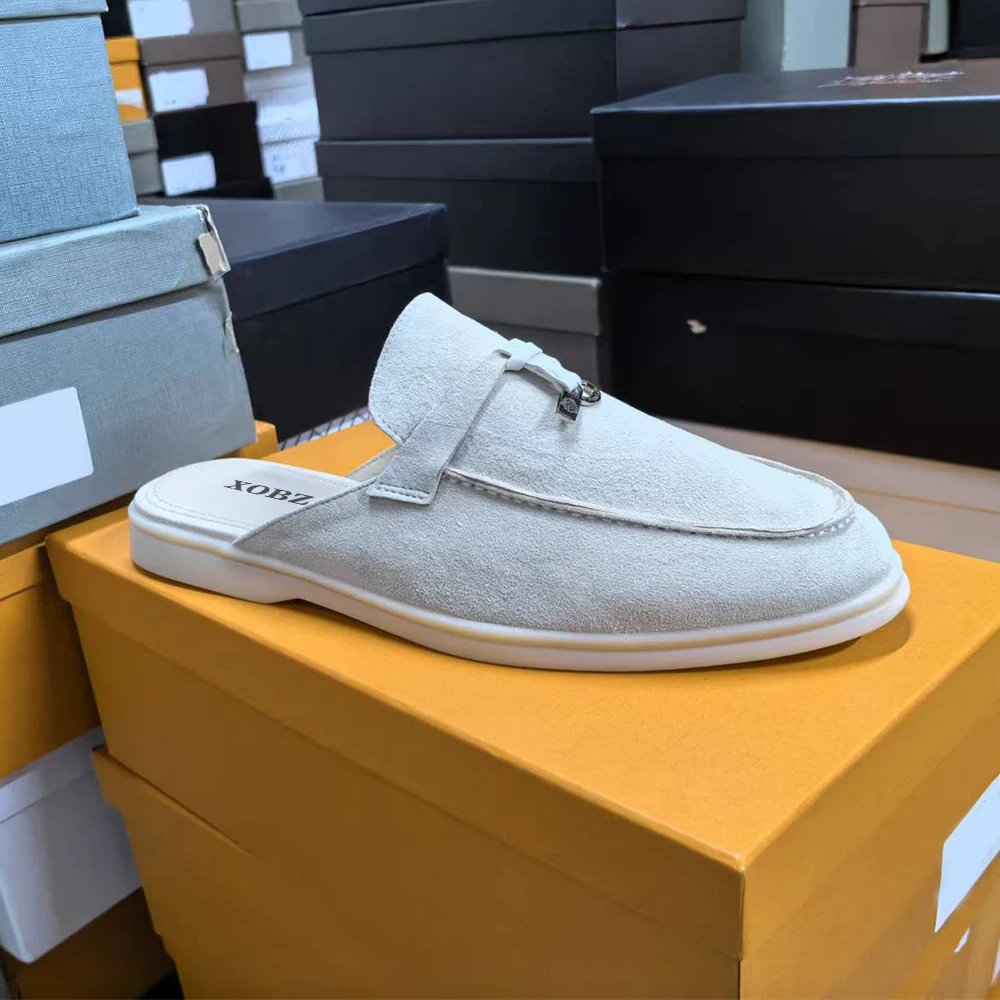 

Новые женские замшевые лоферы-мюли без каблука, удобные мокасины, повседневная обувь, модные тапочки, весна-осень 2025