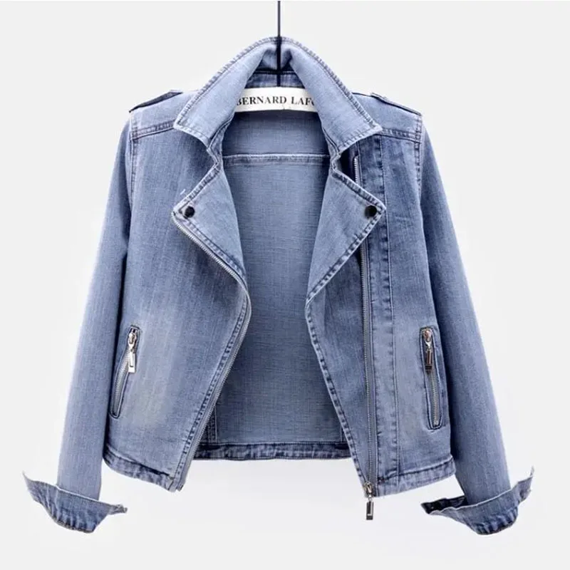 

Короткая эластичная джинсовая куртка на молнии, женская тонкая винтажная весенне-осенняя женская мотоциклетная куртка с длинными рукавами, повседневная женская джинсовая верхняя одежда