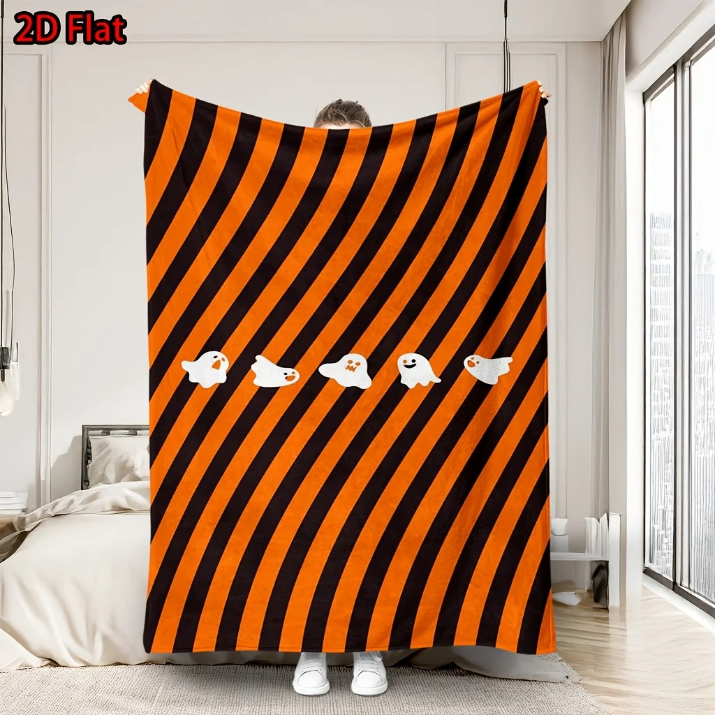 Halloween Ghost Stripe Blanket Throw Orange Black Diagonal Stripes Cozy Bed Cover Spooky Fall Seasonal Decor Plush Fleece Picnic