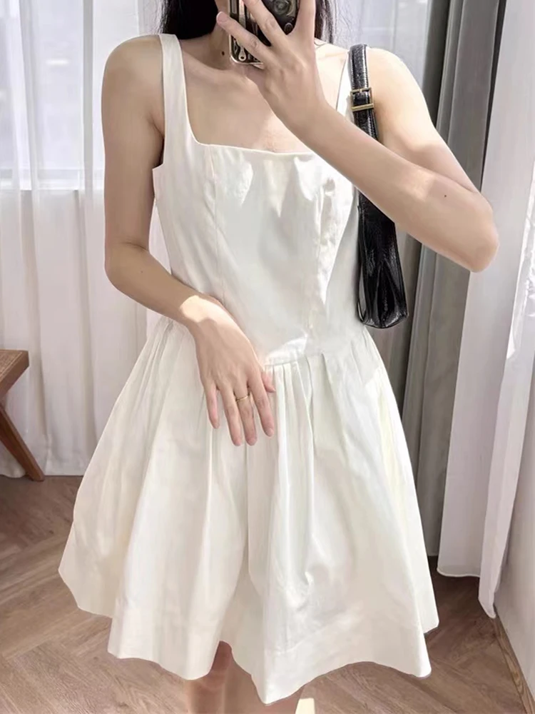 

Summer New Chic White Pleated Mini Spaghetti Strap Dress Women Cotton Sweet Square Collar Sleeveless Slim Fit Robe Female 2024