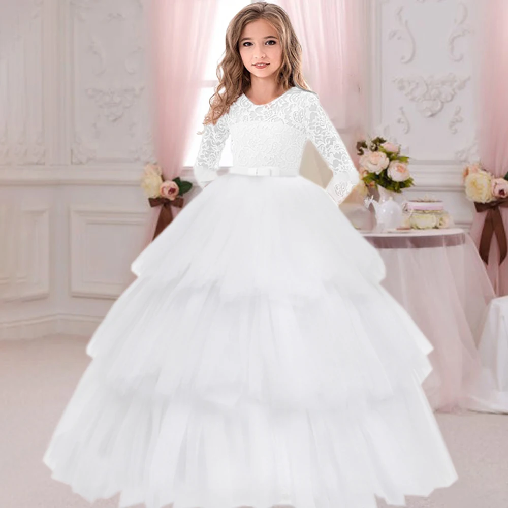 Formal Long White Bridesmaid Girls Dress Cake Lace Princess Party Flower Dresses Kids Clothes Wedding Evening Gown 8 12 Vestidos