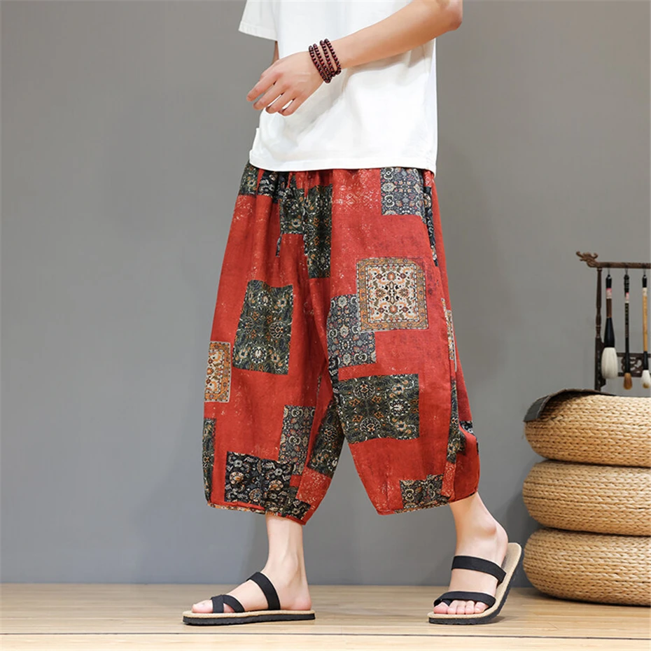 Large Size Harem Shorts Mens Summer Thin Cotton Linen Casual Trousers Men Harajuku Chinese Style Baggy Calf Length Pants Male