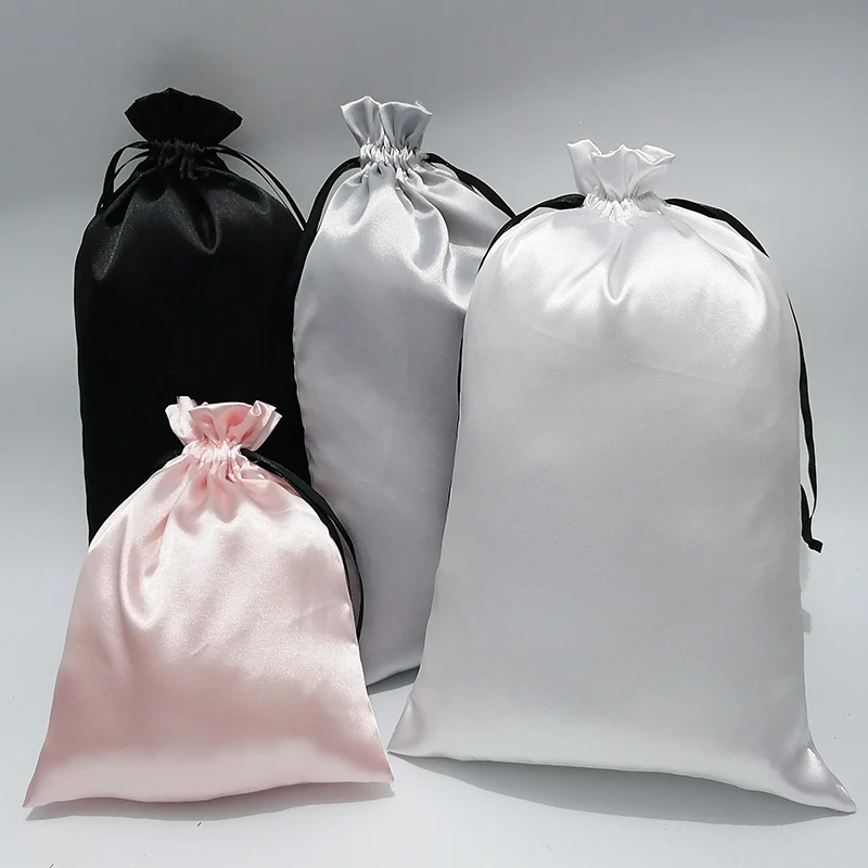 

Custom Satin Extensions Hair Bags Ribbon Drawstring Luxry Goods Silk Packaging Pouches Makeup Case Shoes Cloth Wigs Storage Bag